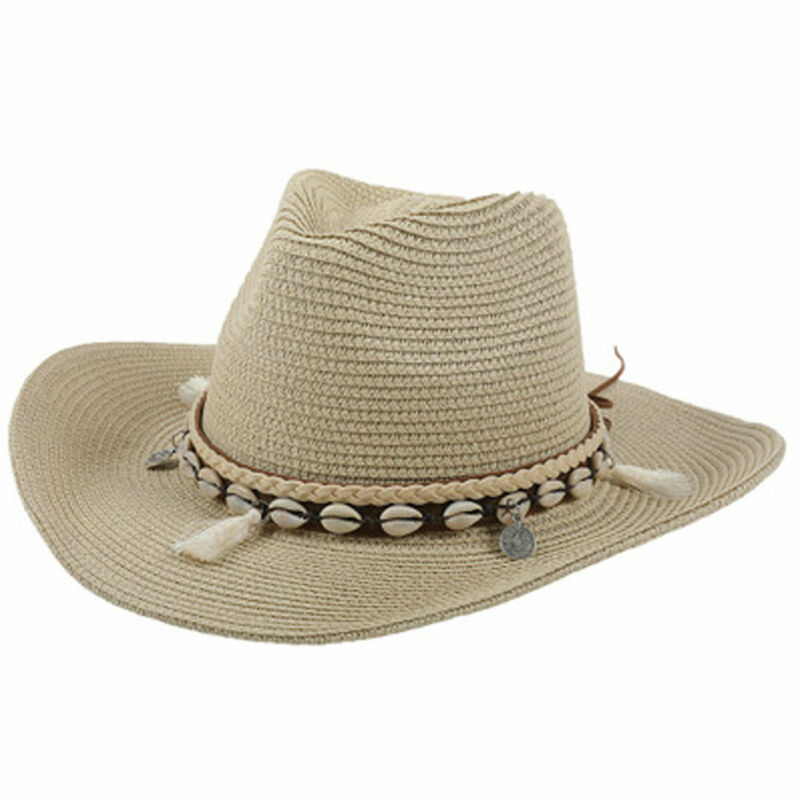 Summer Hoilday Women Casual Western Cowboy Shell Fringed Decorative Beach Shade Adjustable Straw Solid Hat