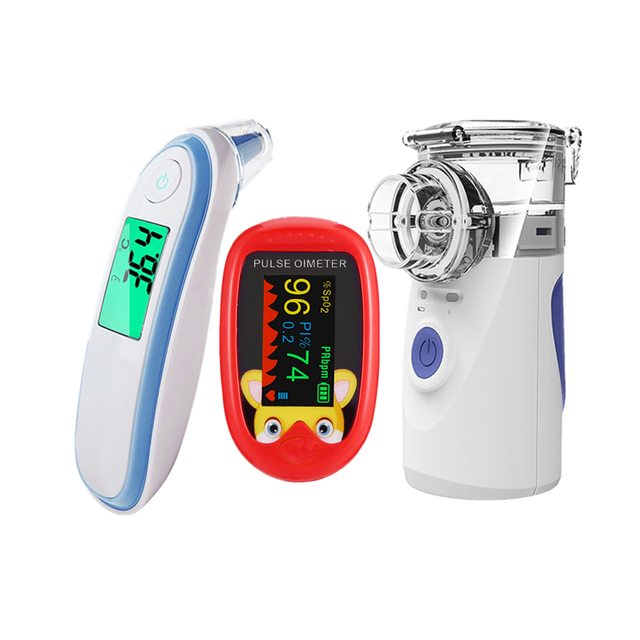 Oxímetro de dedo recargable para bebé, termómetro infrarrojo digital, Mini inhalador silencioso portátil, nebulizador: Red blue blue