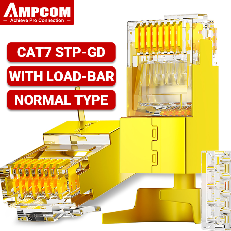 AMPCOM RJ45 Connector 50U Gold Plated CAT7 CAT6 CAT5E Pass through Modular Plug 8P8C Crimp End for Solid Wire Stanrded Ethernet