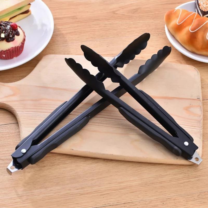 Herramienta de cocina, pinza para pan, accesorios para barbacoa, de acero inoxidable, para hogar, ensalada negra, pinza para hornear, para comida, para acampada y