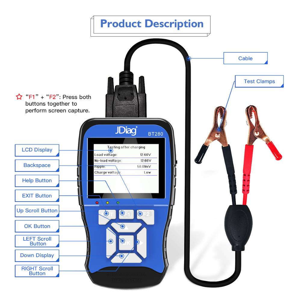 JDiag BT280 12V Universal Battery Tester For Cars Trucks Boats Motorcycle BT300 12VBattery Crank/Charge analyzer Tester