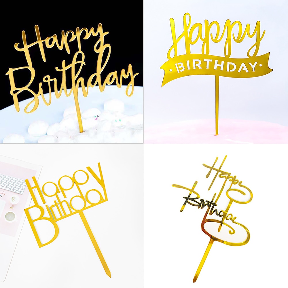 Happy Birthday Cake Topper Acrylic Gold Mirror Cupcake Topper for Kids Birthday Party Cake Baby Shower Decorations