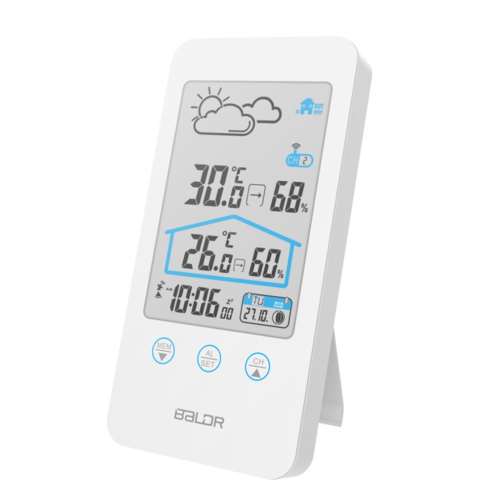Touch Screen Wireless Thermometer Hygrometer Indoor Outdoor Weather Station Weather Forecast+ Moon Phase and Calendar Function: white