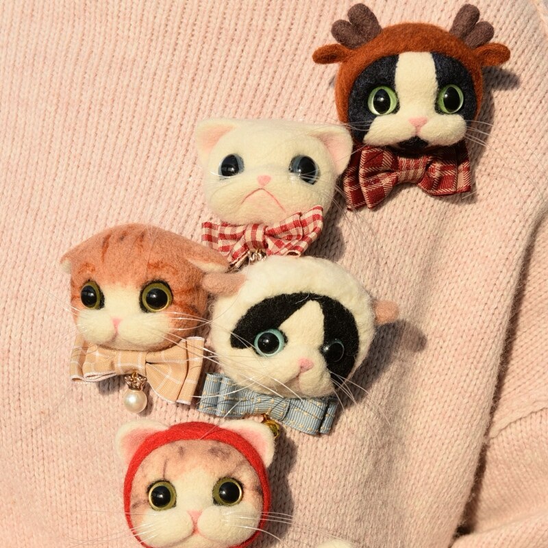 Broche en feutre Animal de poche pour femme, Kit de points d&#39;aiguille en laine de chat Siam, insignes de tête de chat, à faire soi-même