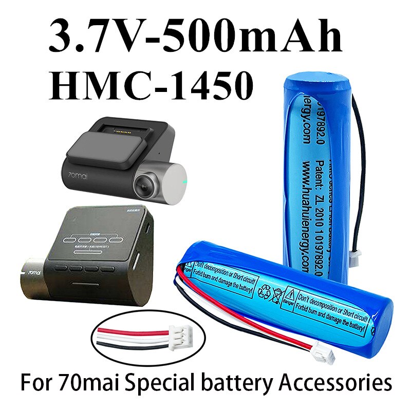 3.7V 500mAh Li-ion Battery For 70mai Smart Dash Cam Pro ,Midrive D02 HMC1450 Replacement Batterie 3-wire Plug 14*50mm+tools