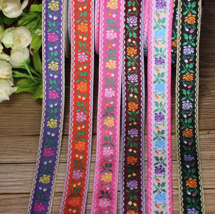 Blomster broderi etnisk jacquard bånd vævet tape blonder bånd 2.3cm beklædningsgenstand tilbehør dekoration boho sigøjner diy håndværk