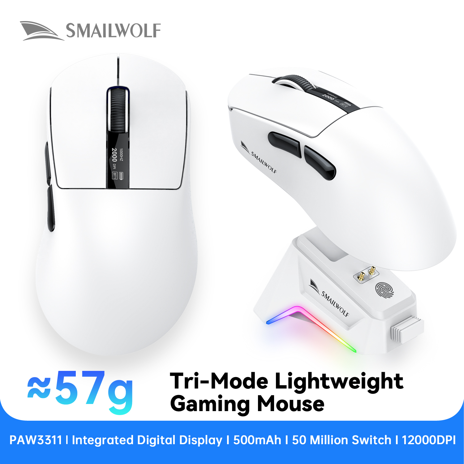 Smailwolf M6 Wireless Bluetooth Gaming Mouse Three-mode switching,magnetic charging,PAW3311 sensor,ultra-lightweight,ergonomic: WHITE