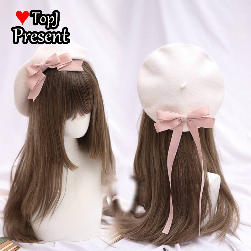 Boina japonesa de cinta Lolita, gorra de pintor desmontable multicolor, con lazo, hecha a mano: White and pink