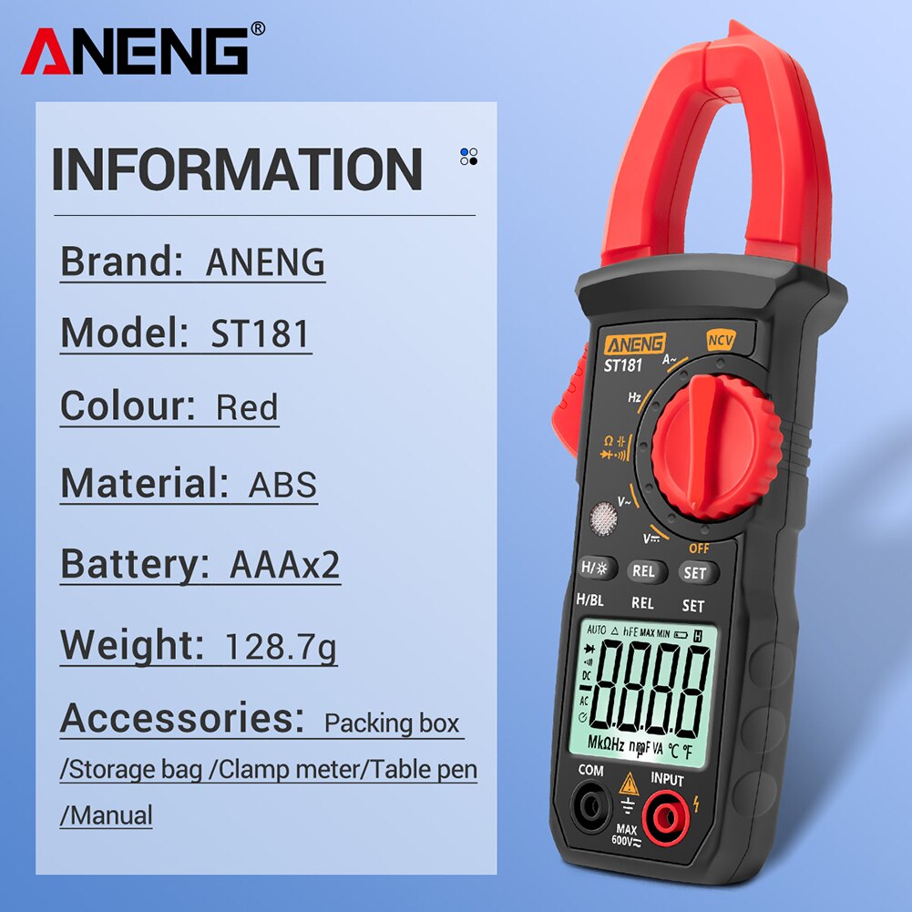 Aneng  st181 digital klämmätare likström / växelström 4000 räknas multimeter amperemätare spänningstester bilförstärkare hz kapacitans ncv ohm test: Default Title
