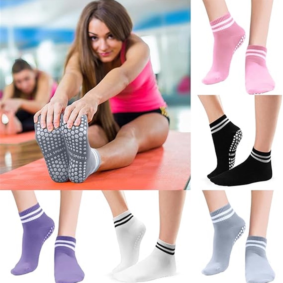 Grip-sokken voor dames, antislip pilates-yogasokken met dubbele strepen antislipsokken voor training, ballet, atletische sokken