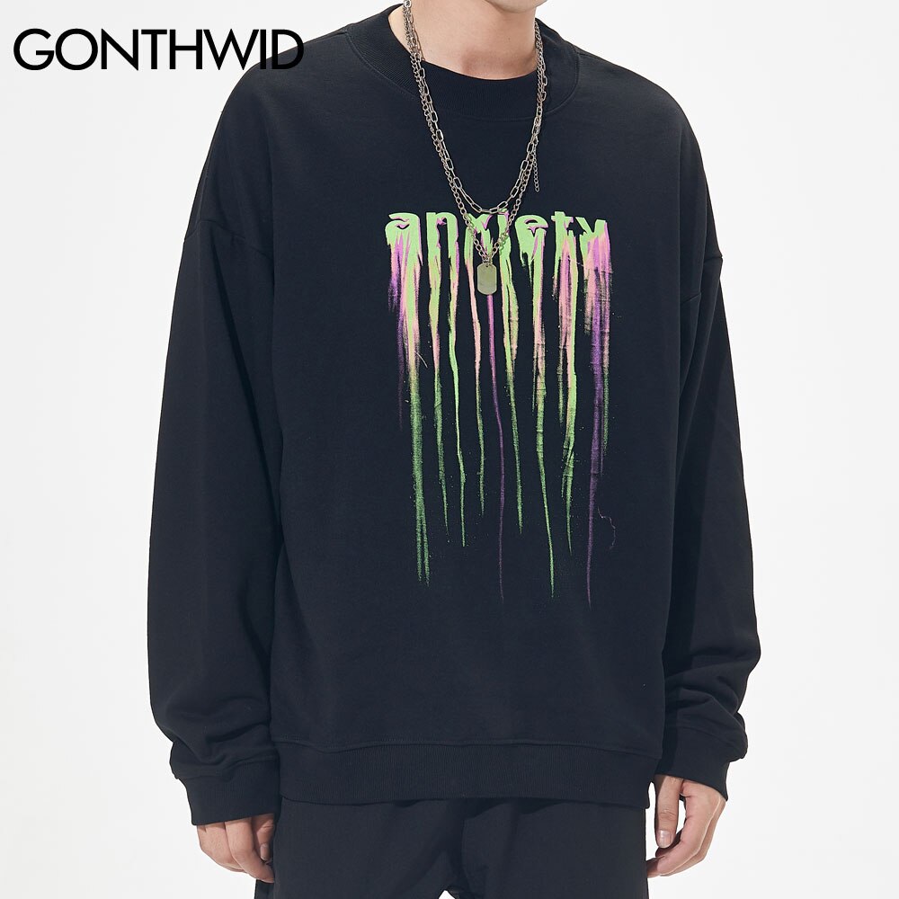 Gonthwid Creatieve Angst Print Sweatshirt Hoodies Heren Hip Hop Harajuku Casual Losse Capuchon Tops Heren Uitloper