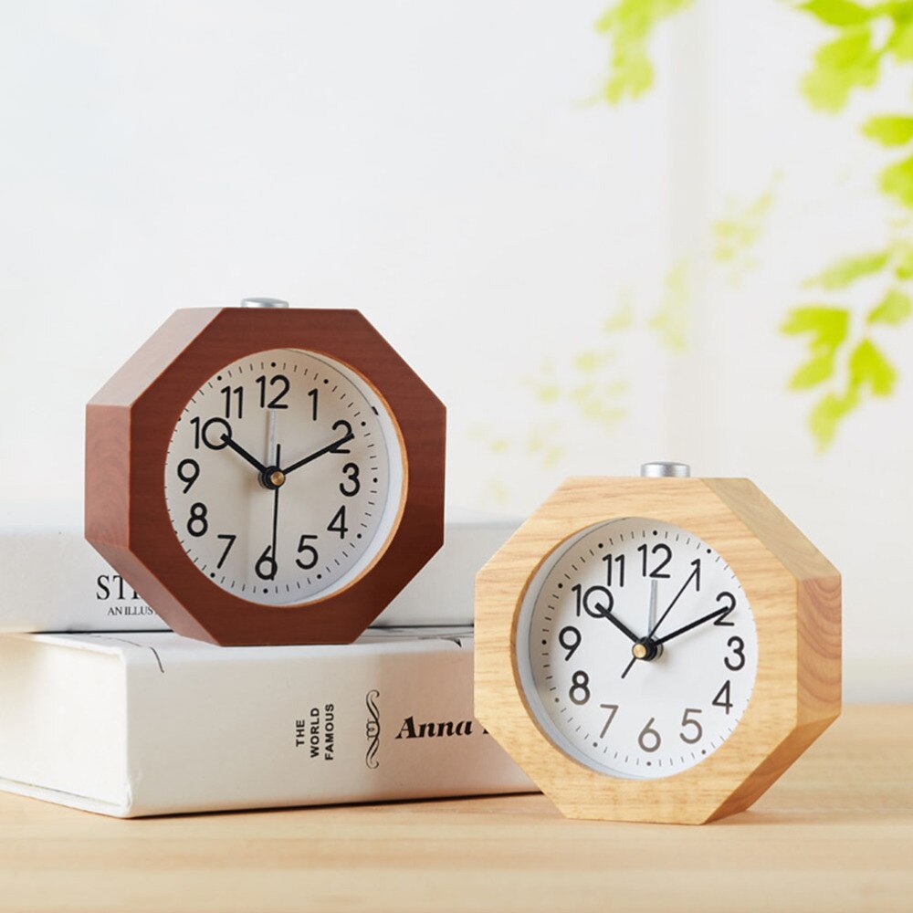 Polygon Beech Material Alarm Clock Lazy Night Light Alarm Clock Student Bedside Clock(Octagonal Brown Wood,without Batt