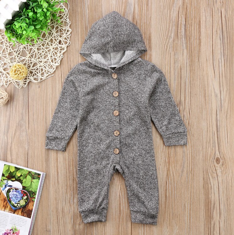 Grau Hoodies Strampler Langarm Herbst Neugeborenen freundlicher Baby Junge Säuglingsspielanzug Tasten Gesamt Kleidung Outfits
