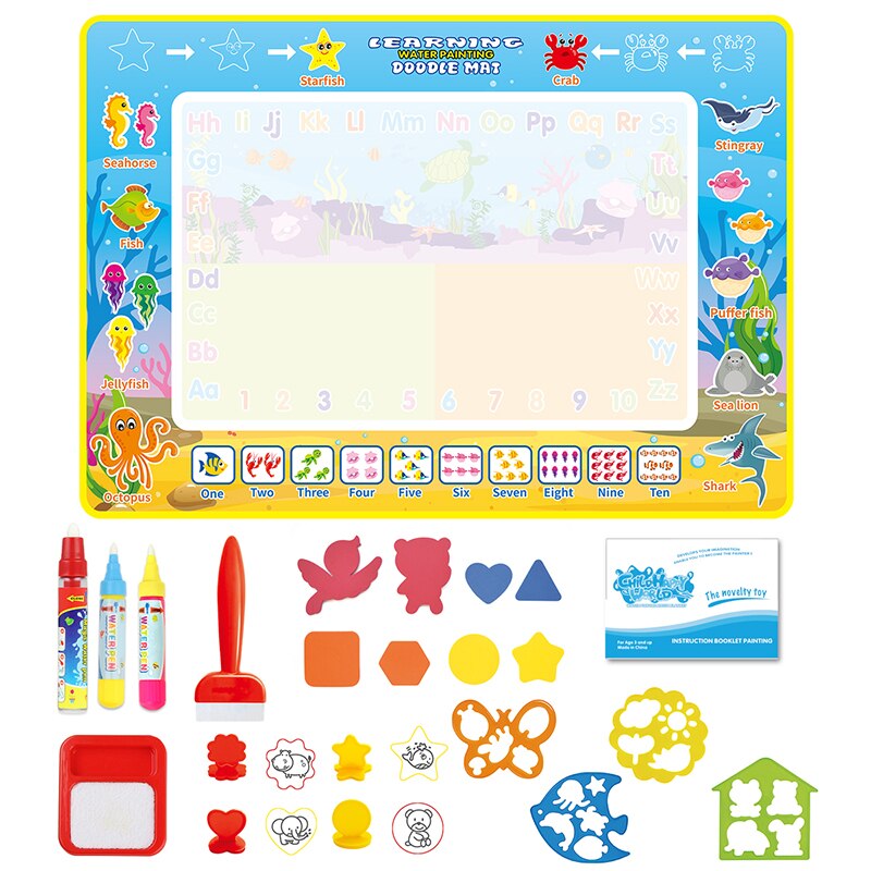 Estera de dibujo educativo para niños, tapete mágico de 100x100cm para dibujar con agua, tapete para garabatos, 4 bolígrafos de dibujo y 1 Juego de sellos, tablero de pintura: Type E 100x70cm