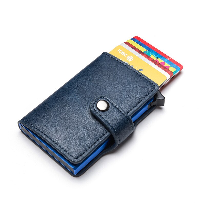 Bycobecy Casual Credit Kaarthouder Hasp Smart Id Card Case Metal Rfid Aluminium Doos Slanke Mannen En Vrouwen Id Houder pu Leer: Blue  YM015