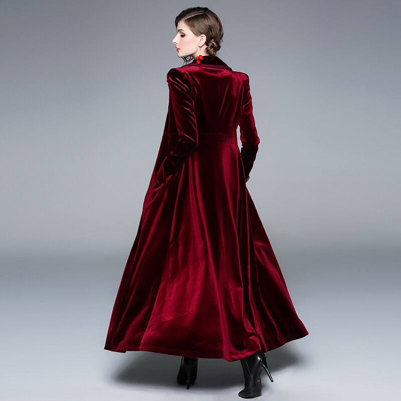 Plus Size 2XL Winter Women Long Sleeve Notched Collar Double-Breasted Gold Velvet Maxi Trench Coat Autumn Outerwear