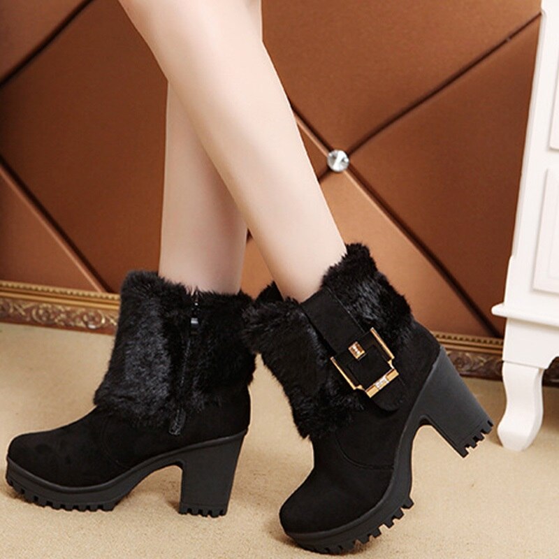 Dames enkellaarsjes winter hoge hakken zachte warme schoenen rits platform dames pumps antislip dames laarzen sneeuwlaarzen: Zwart / 5