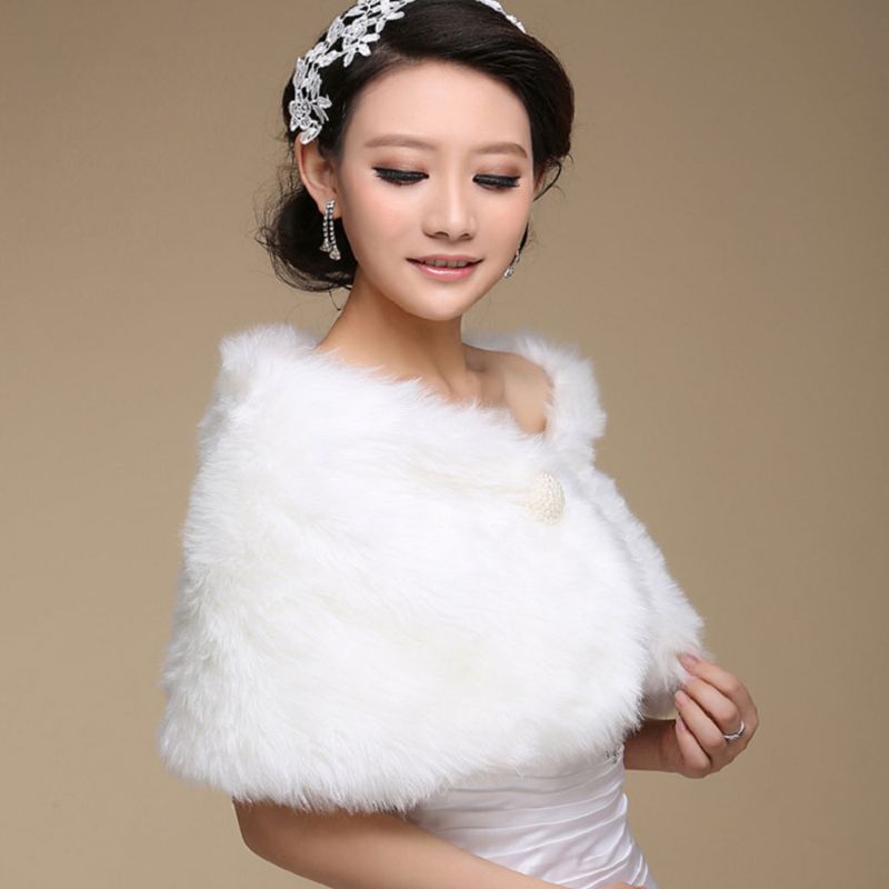 Womens Wit Faux Fur Bruids Wrap Stola Sjaal Cape Bruiloft Kunstmatige Parel Bal Versiering Winter Jasje Bolero