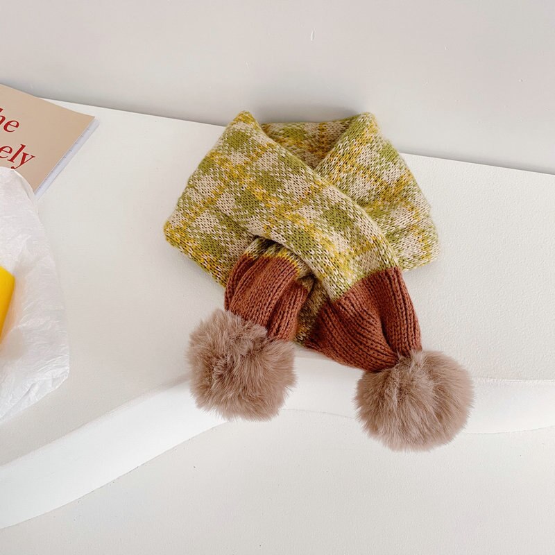Mode Stiksels Plaid Kinderen Pompom Cross Sjaal Herfst En Winter Jongens En Meisjes Baby Warm Gebreide Sjaals: guolvmihuangka