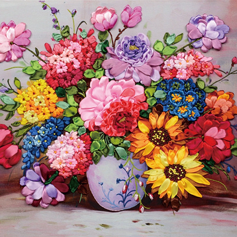 Bloeiende bloemen zijde lint borduren 3D satijn telpatroon canvas schilderij handwerken handwerk DIY thuis muur decora
