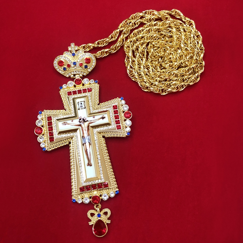 Brystkors halskæde røde zirkoner krystaller ortodokse græske krucifiks smykker brystkors kæde religiøst håndværk