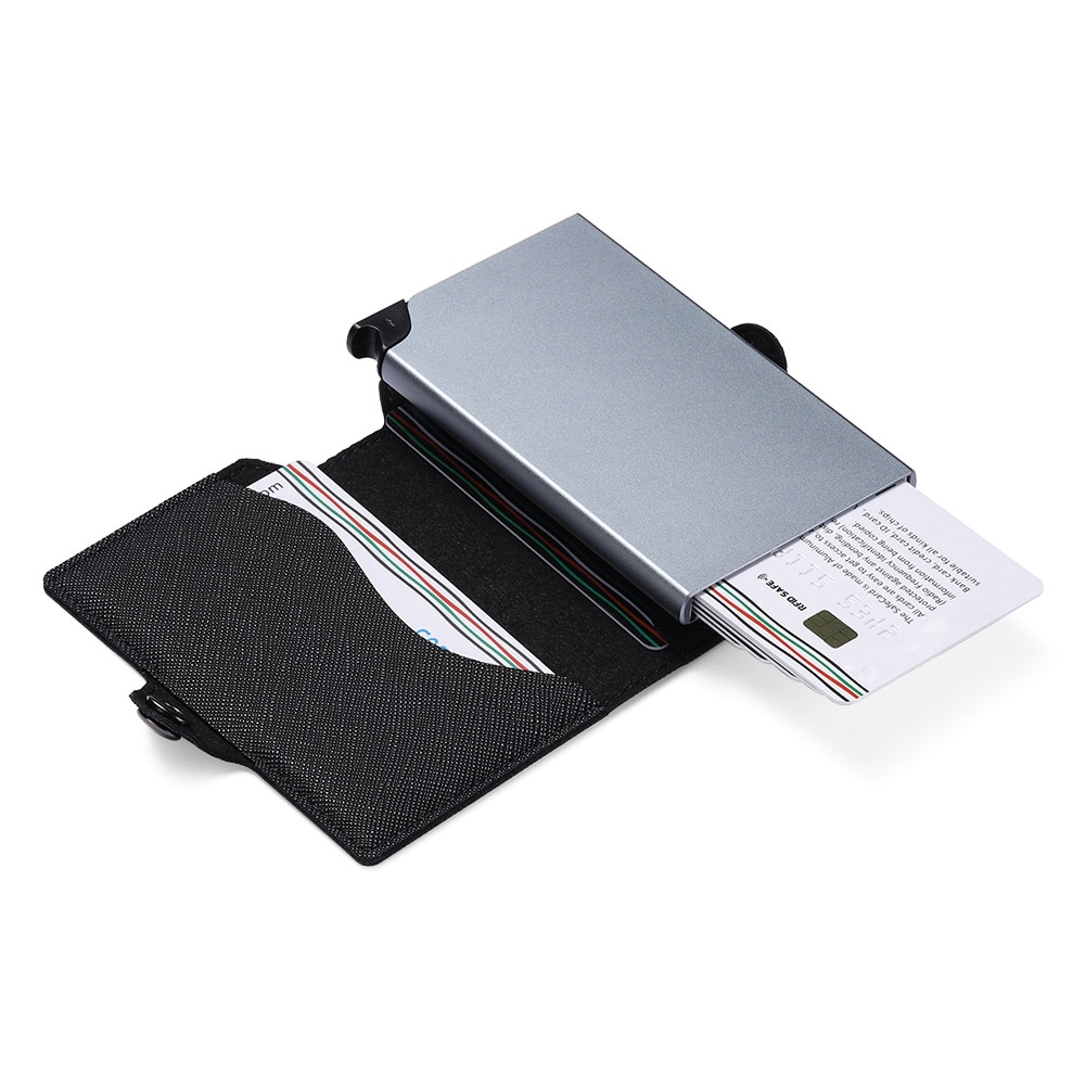 Rfid Pu Kruis Patroon Lederen Mannen Kaarthouder Bruin Aluminium Metal Zaken Slanke Id Credit Kaarthouder Mini portemonnee