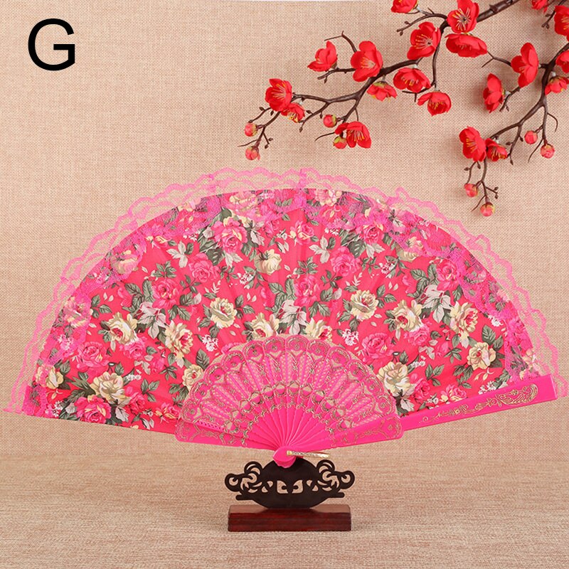 Vintage Flower Pattern Folding Fans Bronzing Wood Silk Plastic Hand Fans With Lace Ribbon Edge Dance Wedding Party Prop: G