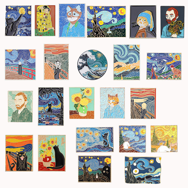 Pintura al óleo de cielo estrellado, girasol, chica, geométrico de metal, insignias, broche, alfileres de esmalte, etiqueta, bolsa, mochila, sombrero, de joyería
