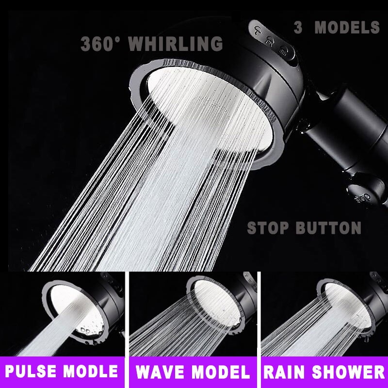 Ahorro de agua de alta presión negro mate ducha de filtro cabeza con parada Buttoon 3 modos bolitas minerales cabezas de ducha accesorios de baño