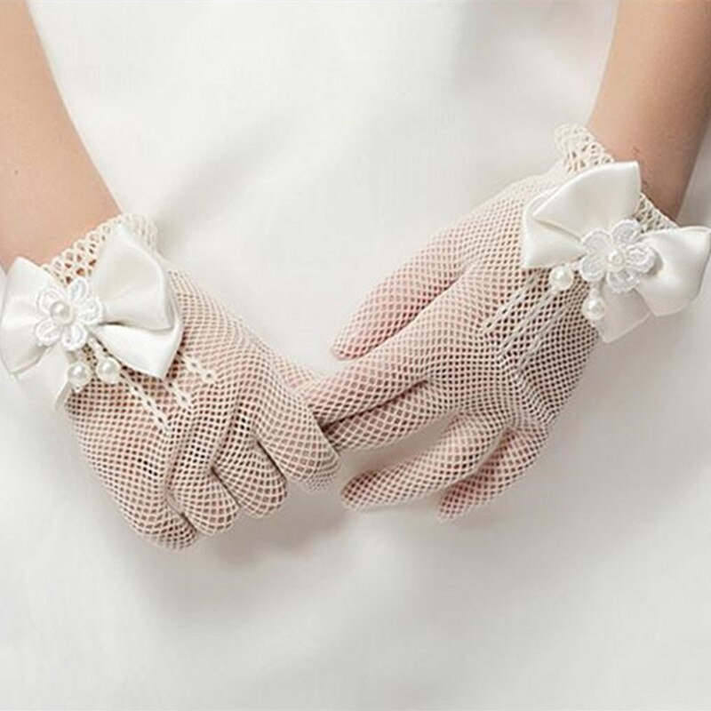 White Girls Wedding Gloves Mesh Bow Pearl Princess Party Supplies Children Birthday Ceremony Coronation Accessories Girls