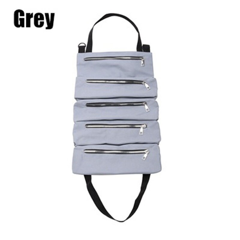 Multi-Purpose Tool Roll Up Bag Canvas Foldable Roll Pack Tool Bag Zipper Carrier Tote Working Storage Bag Waist bag: Grey