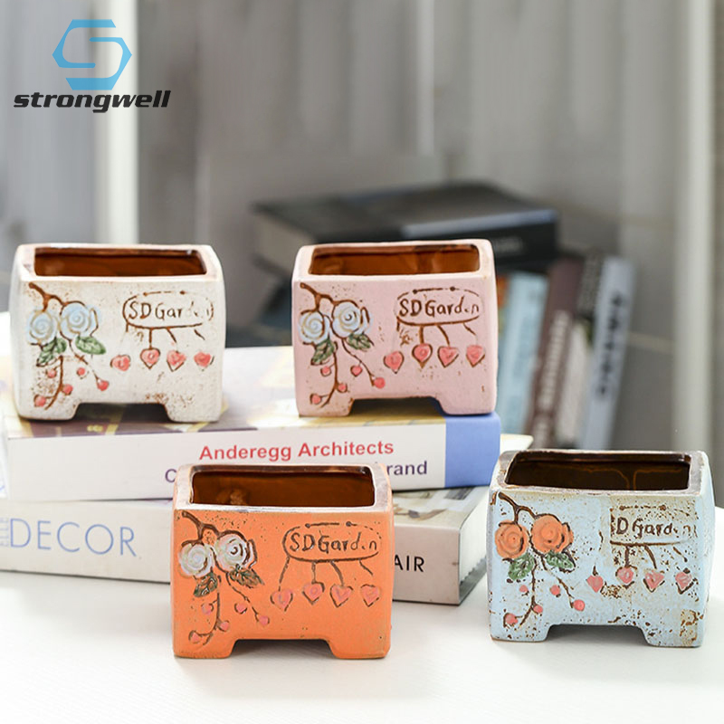 Strongwell Ademend Relief Handgeschilderde Bloempot Rechthoekige Keramische Planter Home Office Decoratie Succulent Bloempotten