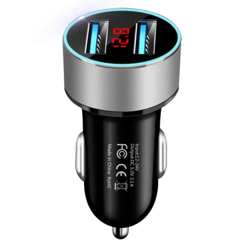Enchufe de mechero para coche con USB Dual de 3,1a, 12-24V, adaptador rápido con estilo para coche, cargador de coche, alimentación de 2 puertos con pantalla LCD: Silver Lighter