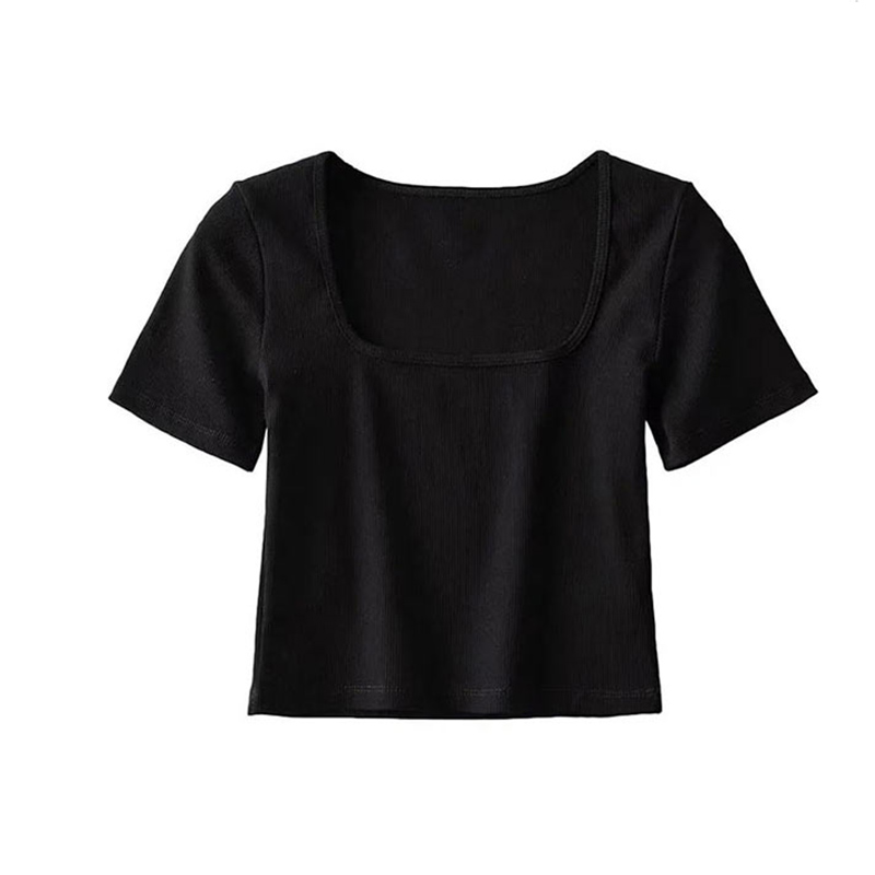 Haut court côtelé à col carré pour femme, t-shirt à manches courtes: M / Black