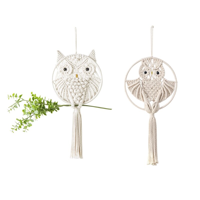 Atrapasueños de búhos, macramé de algodón, colgante para pared de macramé, decoración tejida a mano, amuleto de búho, accesorios de decoración del hogar