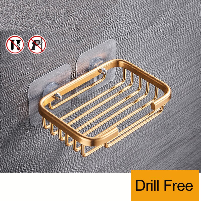 1 Pcs Drill Free Soap Dish Holder Wall Mounted Storage Rack Holder Hollow Type Soap Sponge Dish Bathroom Accessories: Gold
