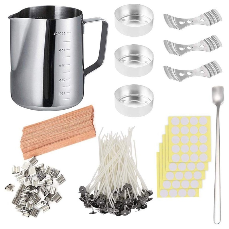 DIY Candle Making Set, 550Ml Pouring Pot with Scale+100Pcs Candle Wicks+20Pcs Wood Natural Candle Wicks with Metal Stands+100Pcs: Default Title