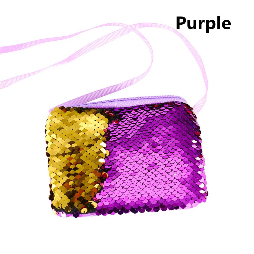 Mermaid Sequins Coin Purse Wallet Kids Girl Glittering Purse Women Handbag Party Zipper Clutch Bag Earphone Package: Purple