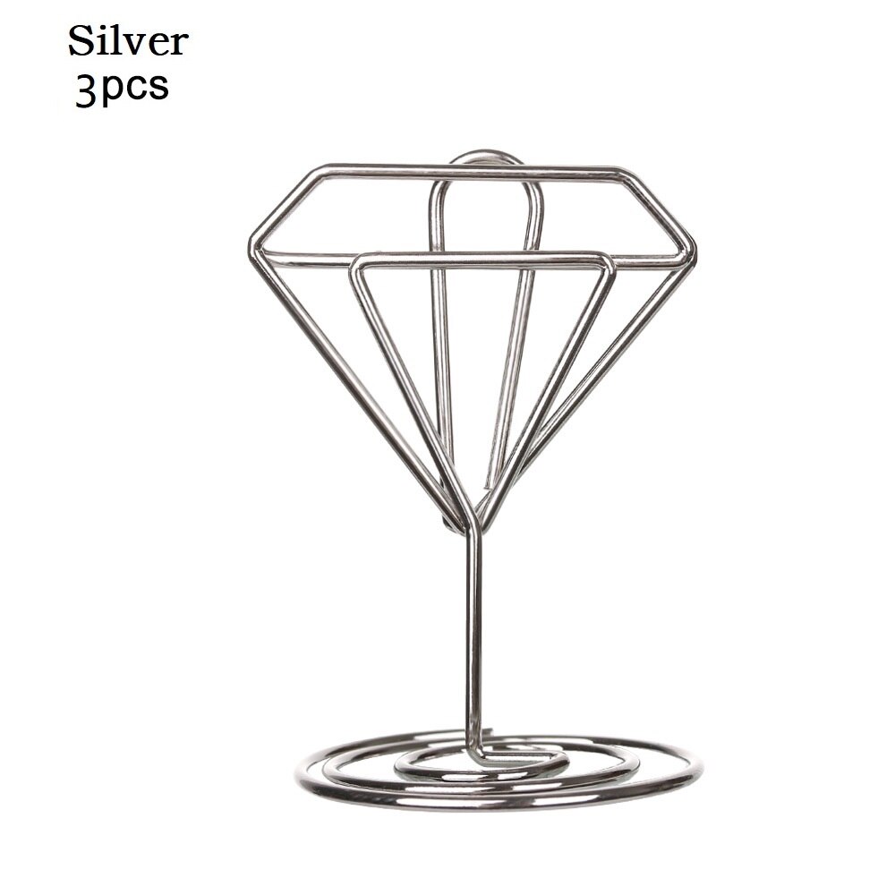 1/3/5Pcs Metal Heart Diamond Shape Clamp Place Card Holder Photo Clip Table Number Stand for Wedding Party Desktop Decor: Type2-3pc--silver
