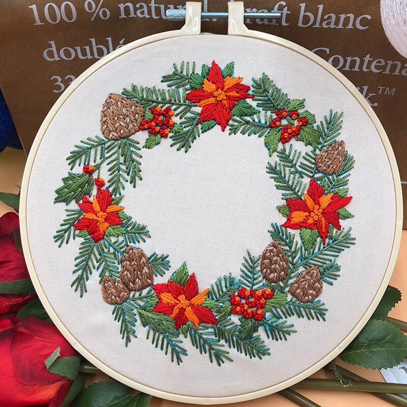 Embroidery Kits Holding Flowers Embroidery Shed Sewing Kit Xmas Wreath Style With Embroidery Hoop Beginner Hand-stitched Decor