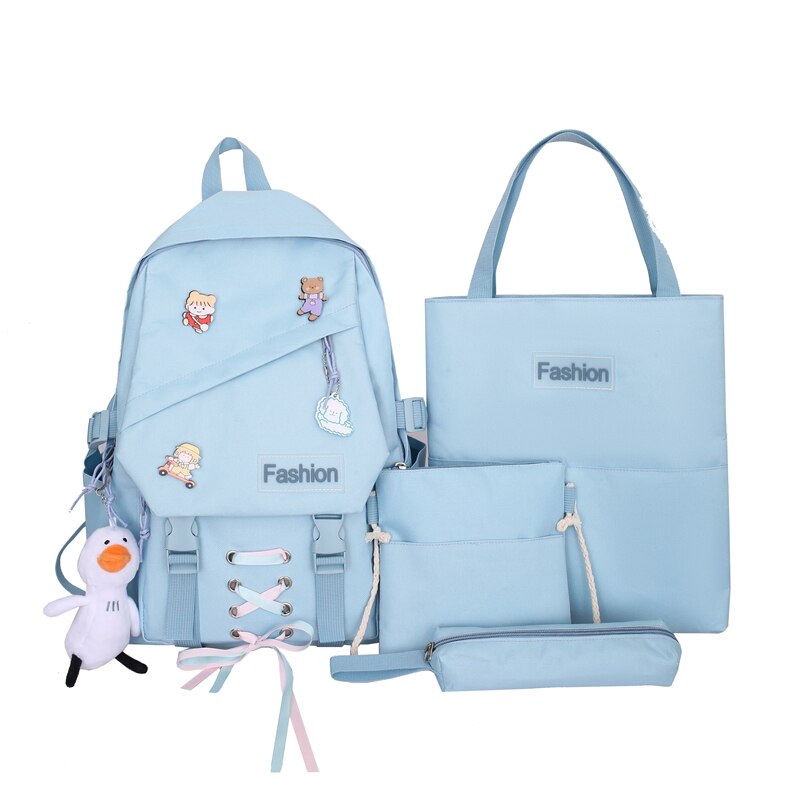 4-Delige Set Meisje Rugzak Voor School Tassen Tiener Leuke Lint Mode Middelbare School Student Rugzak Vrouwen nylon Groen: Blauw / No pendant