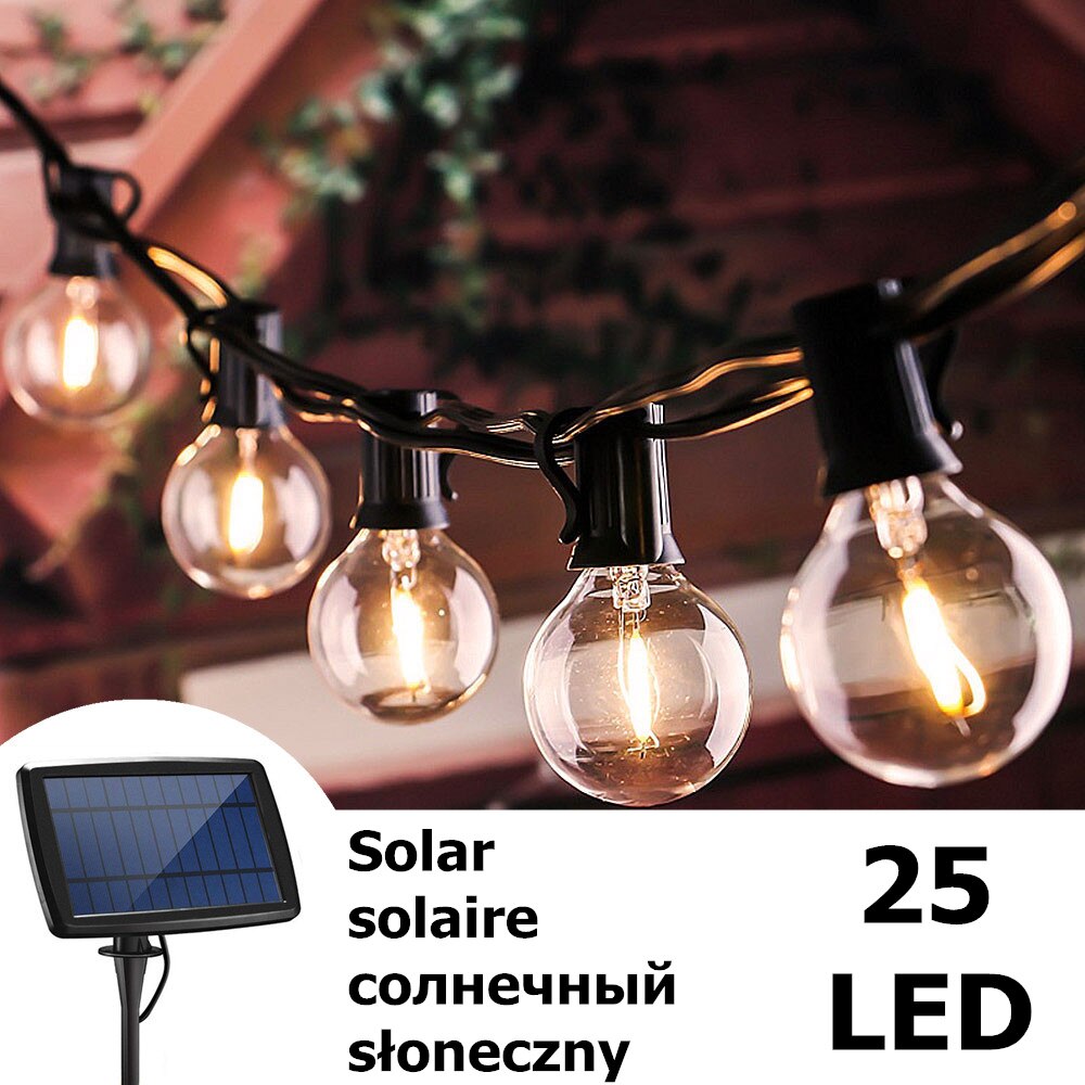 LED String Lights Solar Power Glass Bulb Electric Garland Retro Edison 25ft Lighting String Umbrella Light for Garden Waterproof: 25LED Solar powered