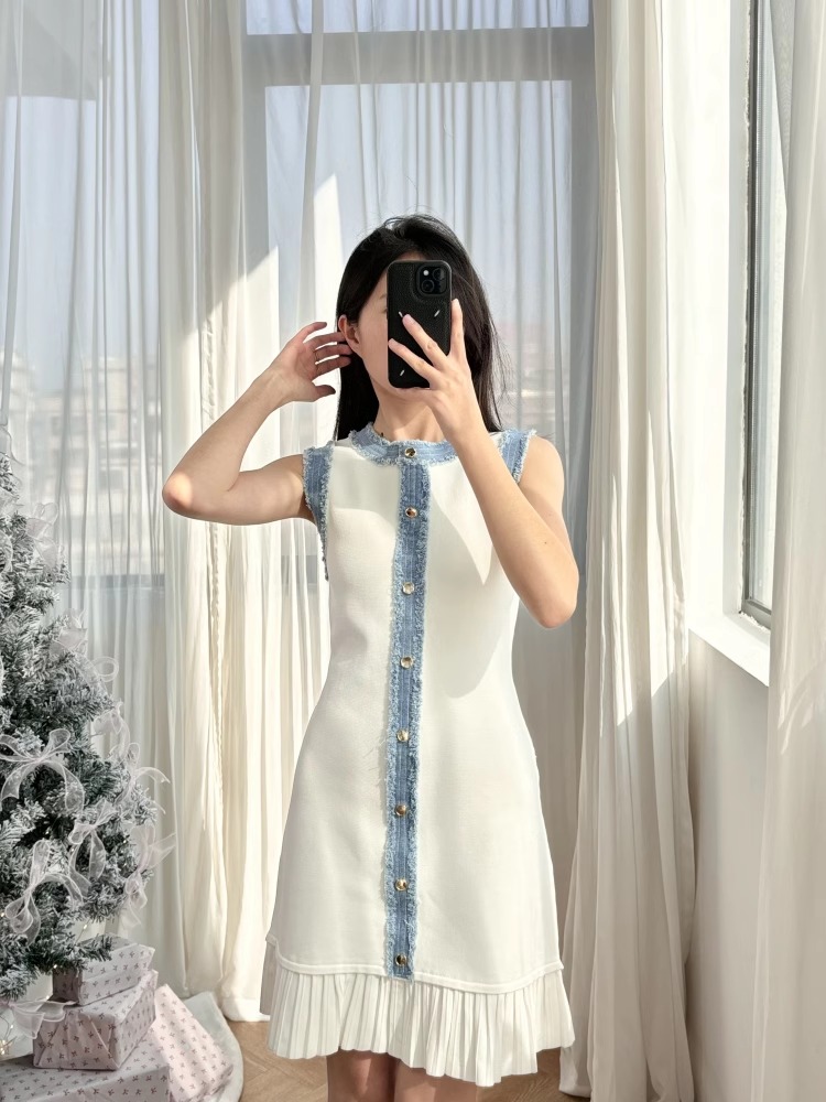 Vestido vaquero avanzado de retazos para mujer, vestido sin mangas con borde con volantes y cuello redondo para ir al trabajo, primavera y verano