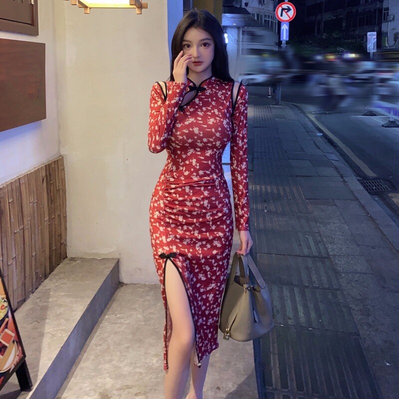Qipao chino Sexy rojo Retro, vestidos de noche, Hanfu, Cosplay, disfraz de Han, de estilo tradicional Cheongsam, vestido Cheongsams: colour1 / L