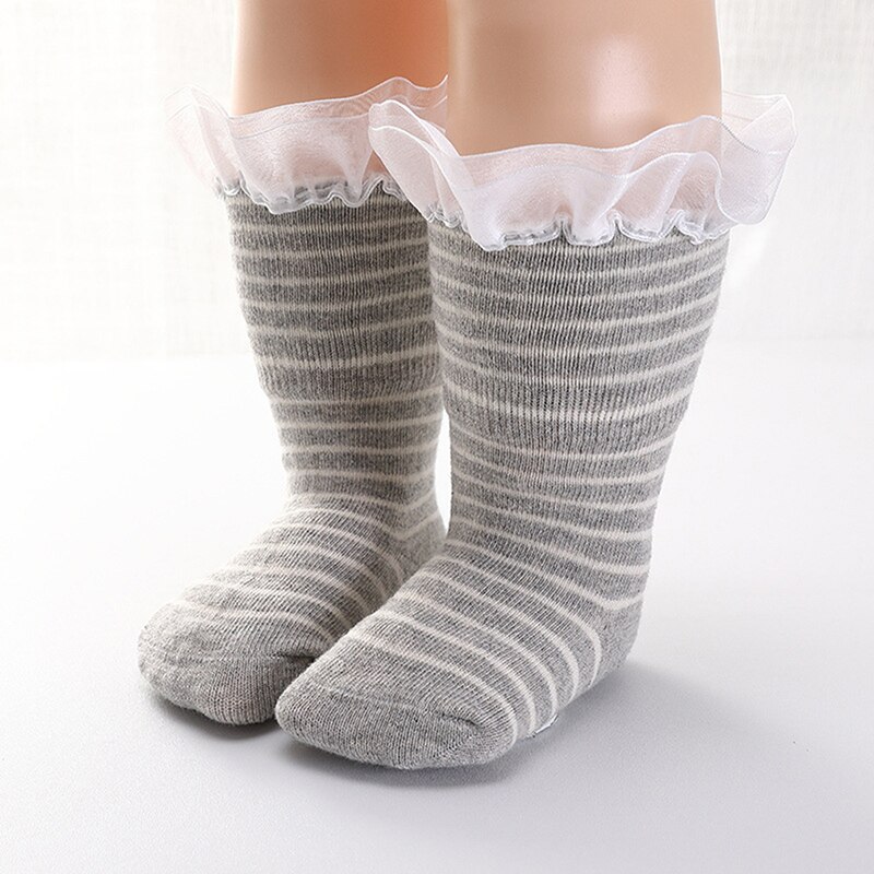 Stripe Soft Cotton Boys Girls Children Socks Cute Lace Style Kids Socks Baby Socks 0 to 3 years: Light gray