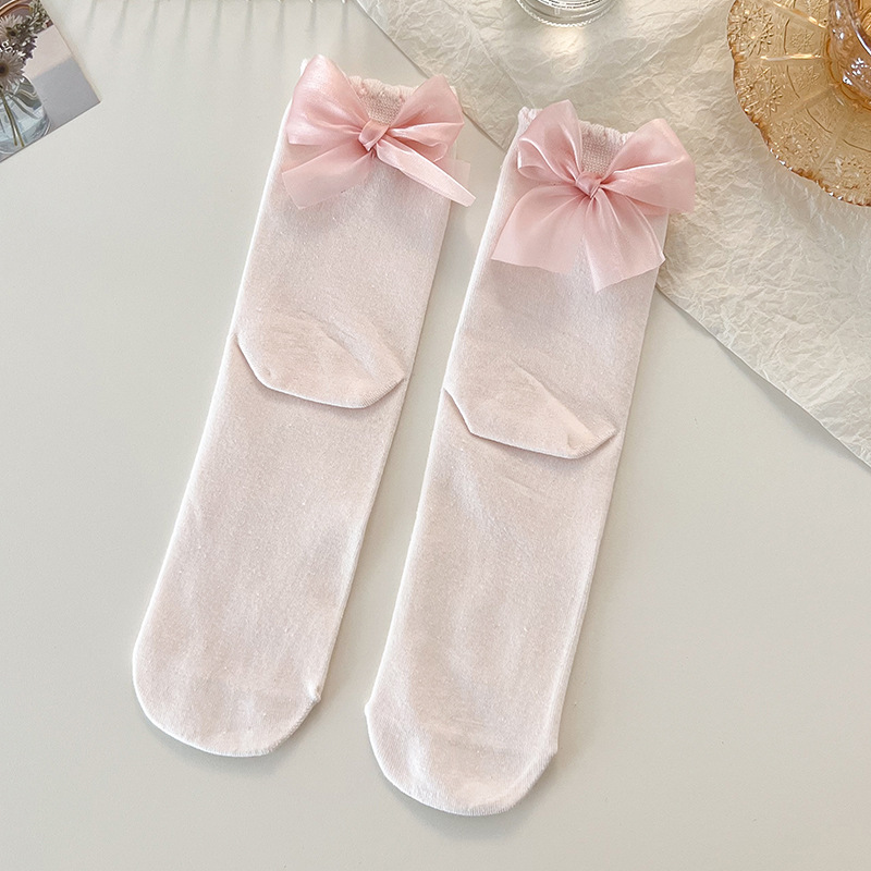 Calcetines de princesa con lazo para mujer, medias de tubo medio de Color sólido para primavera y verano, bonitos calcetines de tubo decorados con lazos,: Castaño
