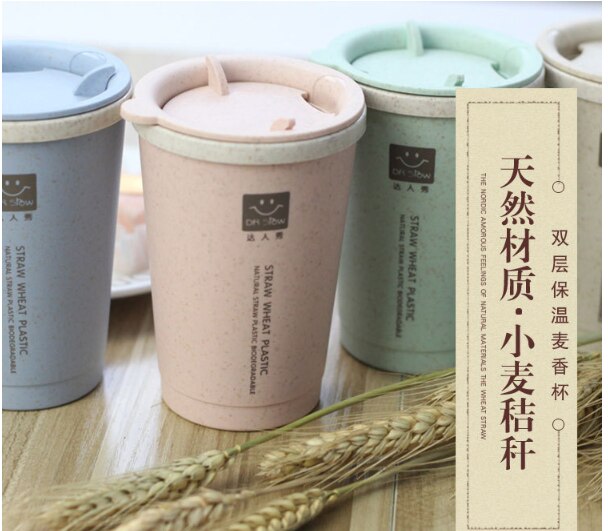 Eco-friendly Drinking Cup 280ML Unbreakable Reusable Two-layer Insulation Wheat Fiber Straw Coffee Cup Travel Mug Leak-proof