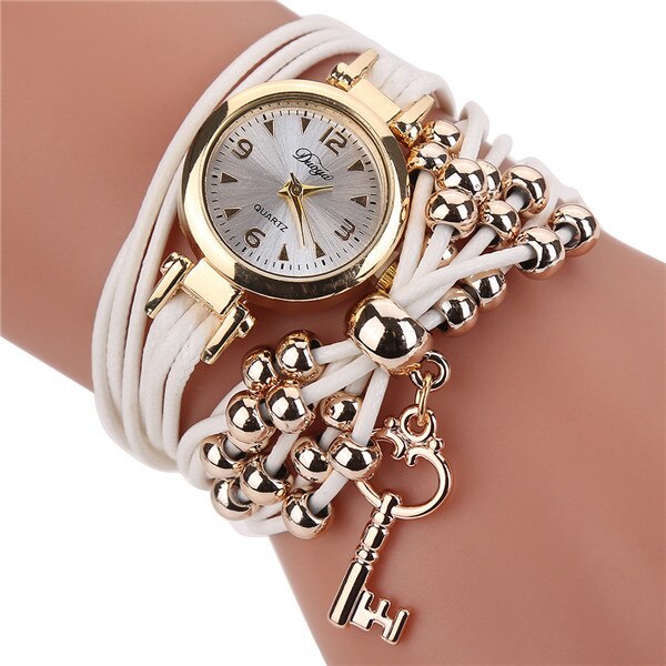 Damearmbåndsur damearmbåndsure lædercirkelbånd guldskive kvarts armbåndsure reloj mujer: Hvid