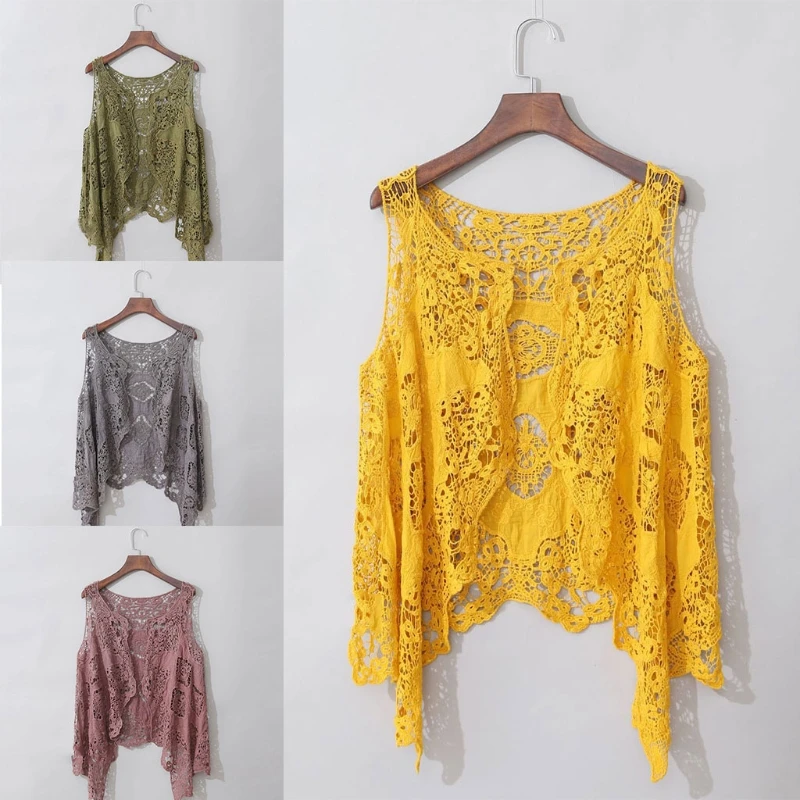 Mulheres sem mangas frente aberta cardigan boho oco crochê renda drape assimétrico bainha hippie xale colete de cor sólida