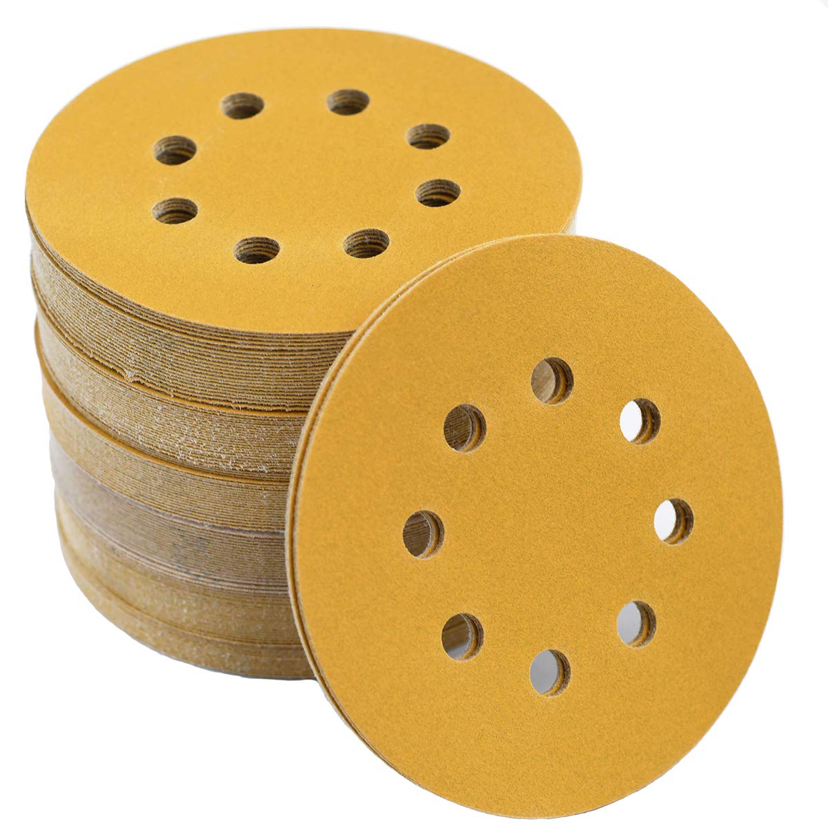 5inch 125mm 8-Hole Sanding Sheet Gold Sanding Discs Hook loop for DA Sander Dry Sand Paper for Woodworking or Automotive